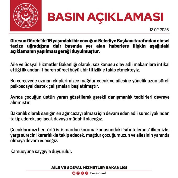 Aile ve Sosyal Hizmetler Bakanlığından Görele’deki taciz iddiasıyla ilgili açıklama: "Sıfır toleransla, yargı sürecini kararlılıkla takip edeceğiz"
