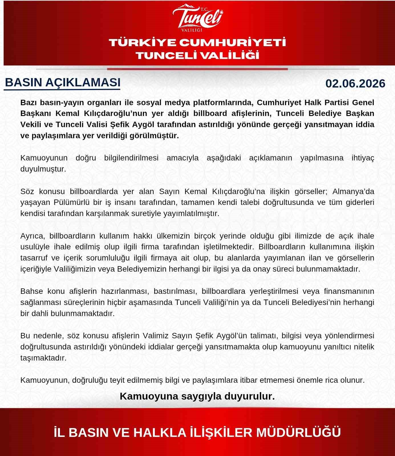 Tunceli Valiliğinden afiş açıklaması

